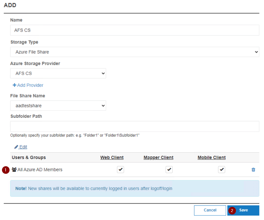 connection string add to shares save