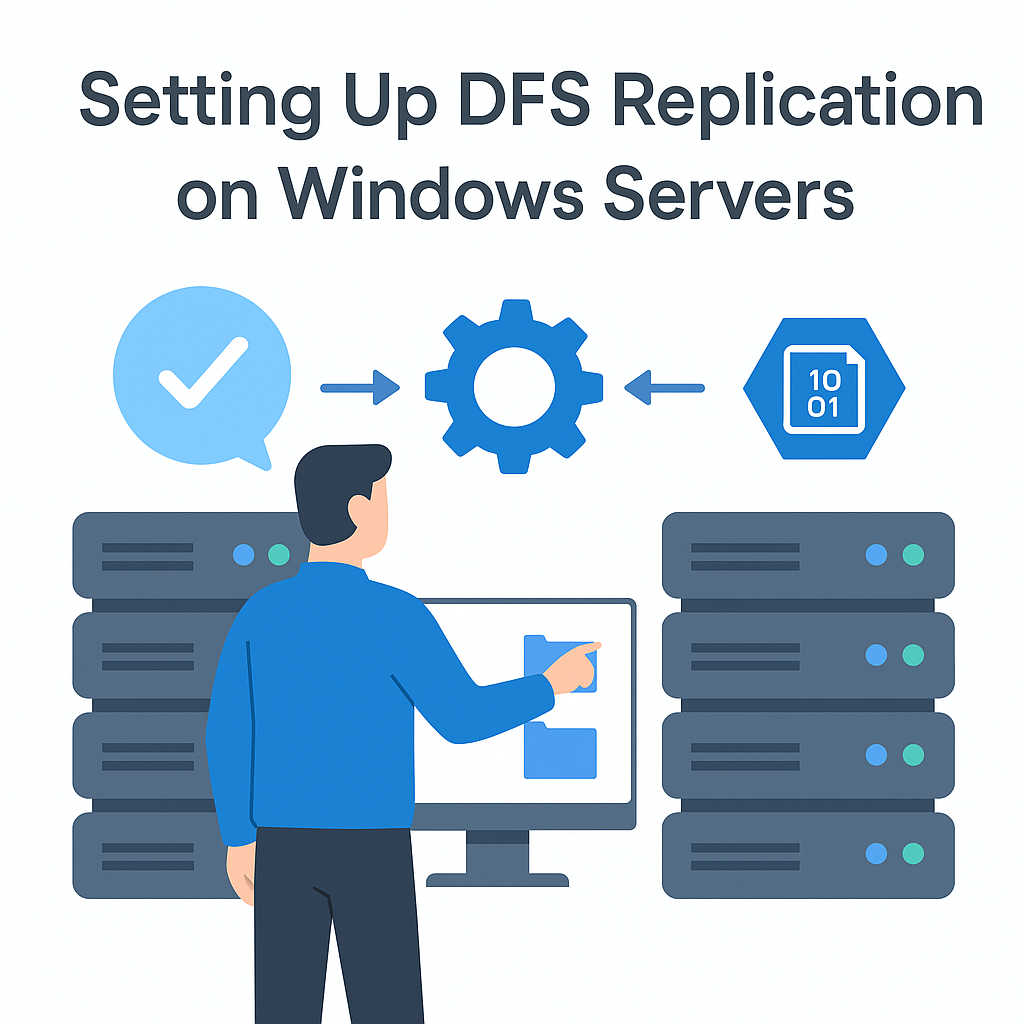A Windows Server interface displaying the setup of Distributed File System replication.