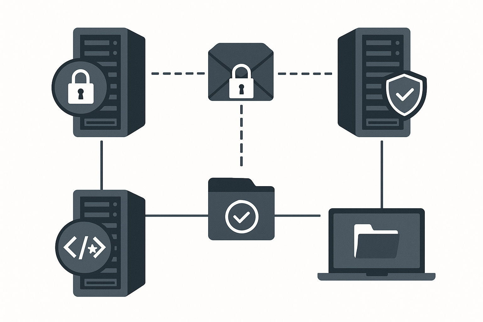 A network of interconnected servers with encrypted data transfers and security protocols in place for high-security file sharing
