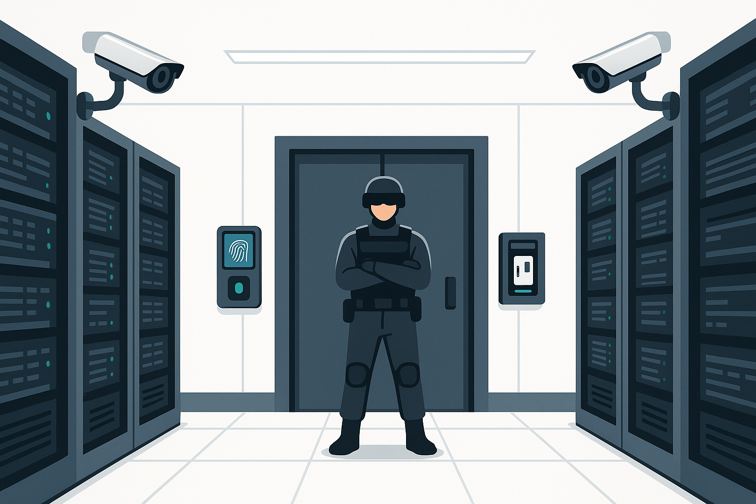 A futuristic, heavily guarded server room with multiple layers of security, including biometric scanners, keycard access, and surveillance cameras