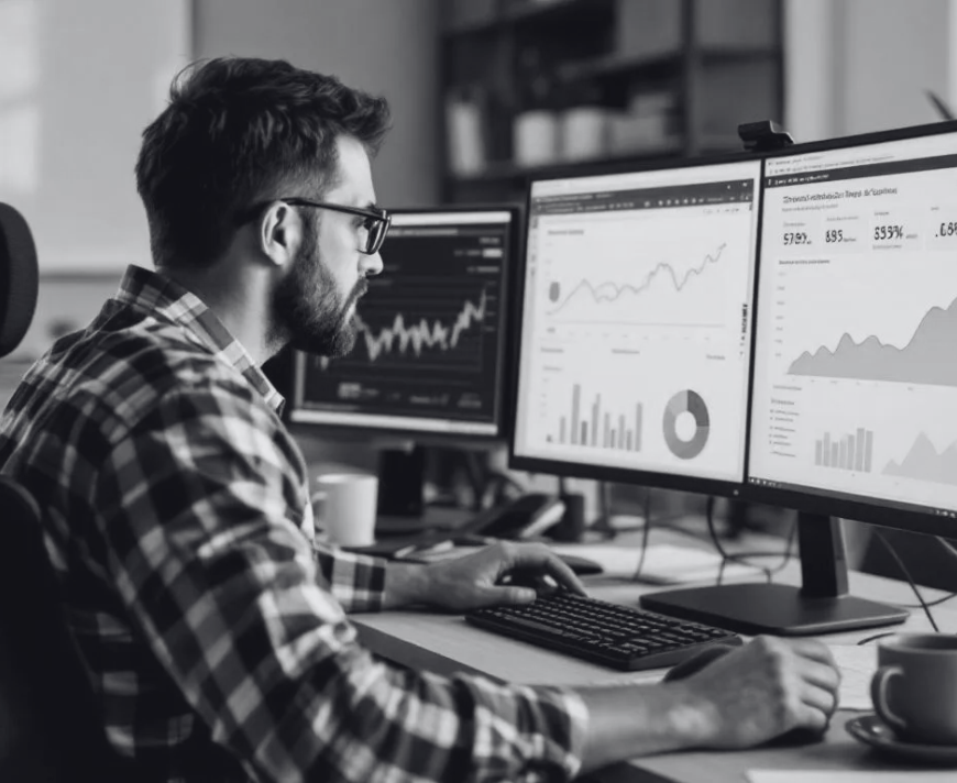 In the image, a SharePoint administrator is intently analyzing storage reports displayed across multiple computer monitors, focusing on various metrics related to SharePoint storage limits and site collection administration. The screens show detailed data on storage space, current storage usage, and site settings, highlighting the importance of managing storage quotas for SharePoint sites effectively.