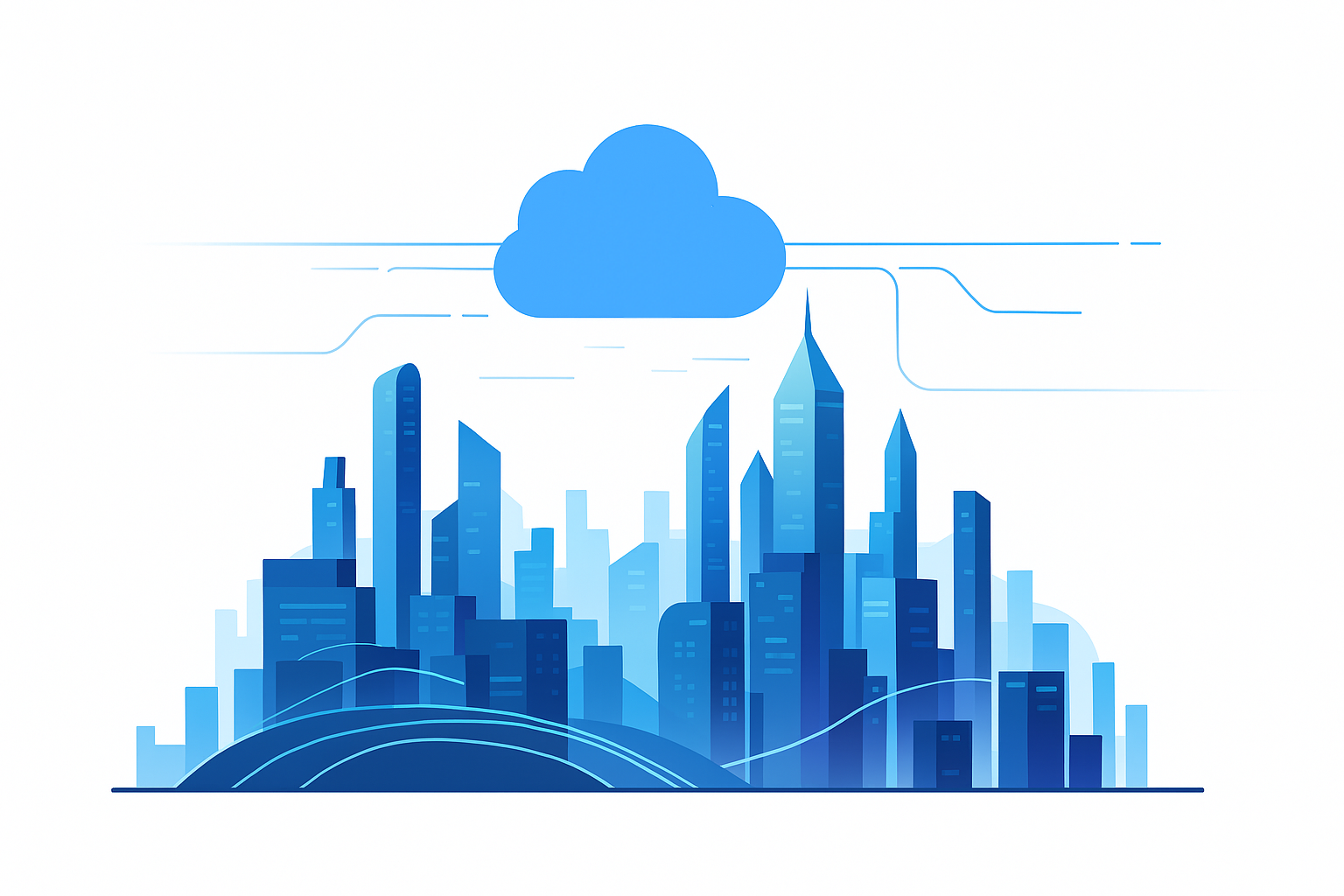 A futuristic city skyline with data streams connecting various buildings, symbolizing scalability and future-proofing in file sharing solutions